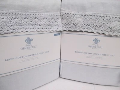 Nuevo Juego de Sábanas Simply Shabby Chic Lino Algodón Azul Crochet Encaje - Doble Foto 1 de 4