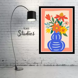 Blaue Blumenvase gerahmt Wandbild Poster Leinwanddruck Bild Wohndeko - Bild 1 von 8