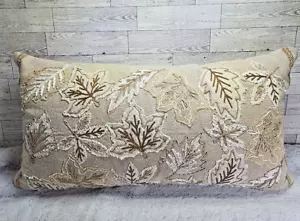 Needlepoint Throw Pillow Boho Leaves Tapestry Lumbar Embroidered 23x13 Earthy - Picture 1 of 12