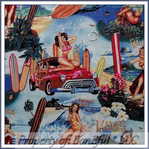 BonEful Fabric FQ Cotton Quilt VTG Pin Up L Girl Hawaii Beach Surf Boy Woody Car - Picture 1 of 9