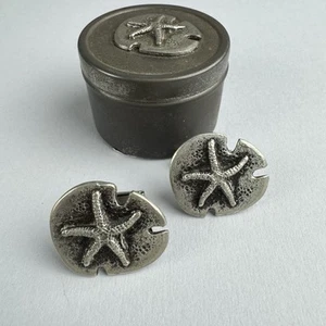 Vintage Metzke Pewter Cufflinks Trinket Box Sand Dollar Shells Ocean Nautical - Picture 1 of 9