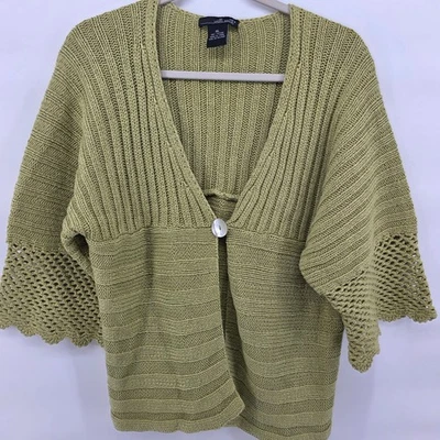 Willi Smith Womens XL Green Cotton Knit Open Front Cardigan Sweater 3/4 Sleeve - Image 1 of 4