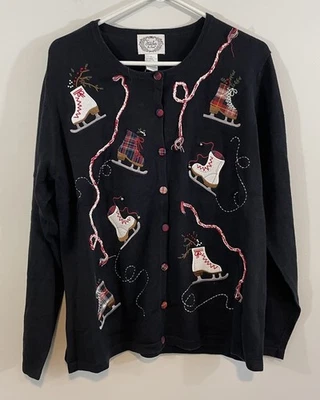 Cárdigan Suéter Navidad Stitches In Time Mujer Grande Patines de Hielo Bordados Foto 1 de 4