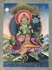 GREEN TARA SMOKY NEWARI PAUBHA THANGKA - ORIGINAL HANDBEMALTE BUDDHISTISCHE KUNST - Bild 1 von 9