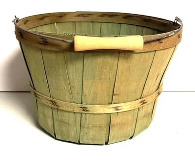 Wood Half Bushel Basket Wire Handles Orchard Farmers Market Primitive 7.5" - Image 1 of 4