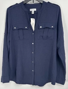 CALVIN KLEIN Textured Roll-Tab Blouse Top Sz Small Navy Blue New - Picture 1 of 6