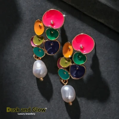 Cascading Lily Mosaic Faux Pearl Stud Drop Earrings Womens Jewellery Gift UK NEW - Image 1 of 4