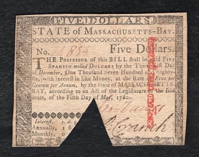 MAY 5, 1780 $5 FIVE  DOLLARS MASSACHUSETTS BAY COLONIAL CURRENCY NOTE - Image 1 of 2