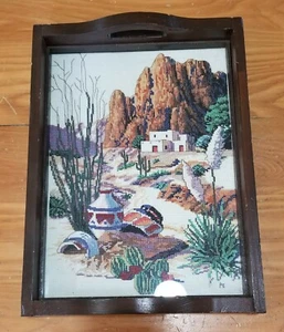 Petit Point Needlepoint Wooden Tray w/Glass Covered Southwestern Scene 15" × 11" - Picture 1 of 12