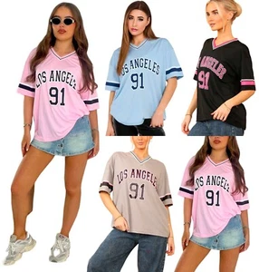Camiseta deportiva para mujer manga corta a rayas Los Ángulos 91 estampado cuello en V - Imagen 1 de 5