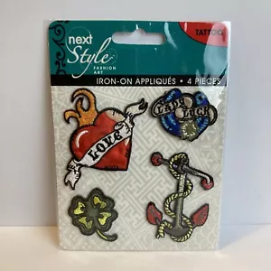 Tattoo Theme Patch 4 Piece Applique Biker Heart Love Luck Clover Anchor - Picture 1 of 11