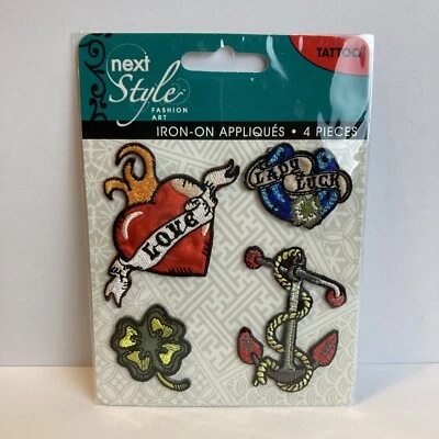 Tattoo Theme Patch 4 Piece Applique Biker Heart Love Luck Clover Anchor - Image 1 of 4