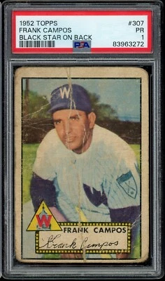1952 Topps Baseball #307 Frank Campos Black Star On Back Error PSA 1 - Image 1 of 2