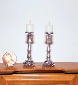DOLLHOUSE MINIATURE CANDLE HOLDERS 2 SILVER 1:12 SCALE w-2 REAL CANDLES OOAK~NEW - Picture 1 of 12