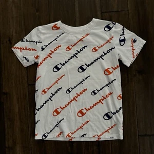 Champion Boys All Over Print White with Orange & Blue Tee M - Picture 1 of 4