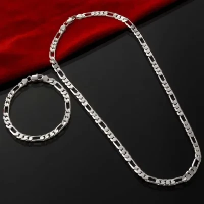 unisex 4mm wide figaro link chain necklace & bracelet set 925 sterling silver - Image 1 of 4