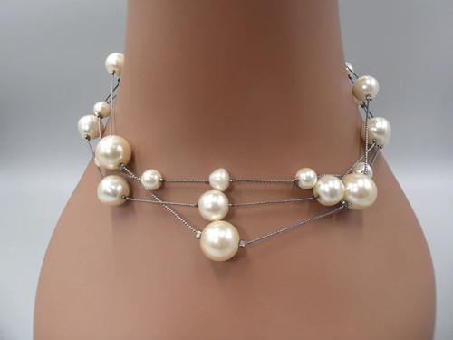 OFF WHITE Collana stazione perle finte girocollo 3 fili perline vetro bianco sporco canna di fucile 16"