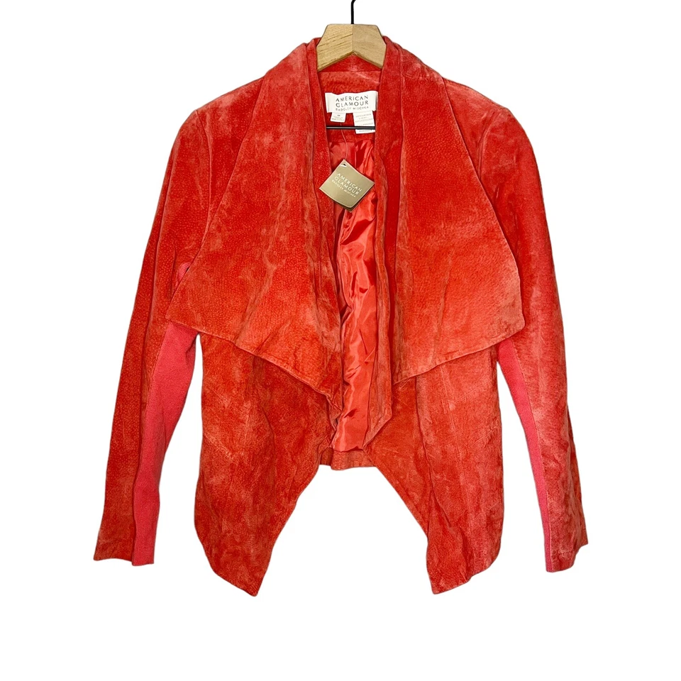 NUEVO NUEVO CON ETIQUETAS American Glamour Badgley Mischka Gamuza Frente Abierto Chaqueta Mediana Roja Foto 1 de 4