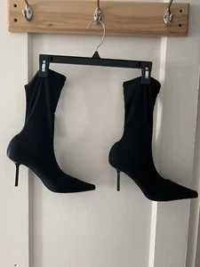 Women’s ZARA Black Heel Ankle Boots Square Toe Stretch Fabric Size EUR 38 US 7 - Picture 1 of 10