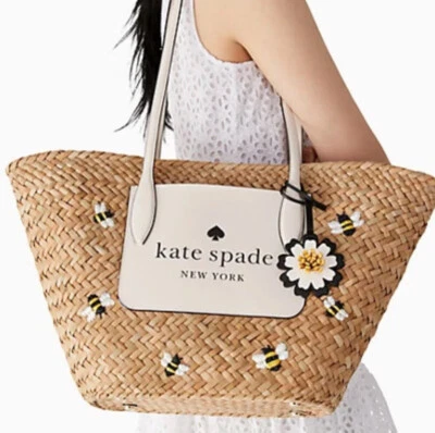 Kate Spade Honey Bee Straw Tote Novelty Large Beach Summer Bag Yellow White NWT  - Image 1 of 4