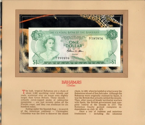 Most Treasured Banknotes Bahamas 1974 1 Dollar P-35b AUNC Prefix N/1 Allen* Cover