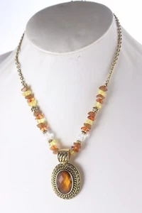 Avon SAQ Signed Gold Tone Pendant Faceted Brown Cabochon Necklace - Picture 1 of 4