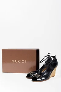 Gucci Horsebit Black Patent Leather Espadrille Wedges, Size 11 - Picture 1 of 12