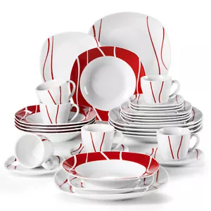 MALACASA FELISA 30pcs Porcelain Dinnerware Set Red Stripes Plates Cups & Saucers - Picture 1 of 12