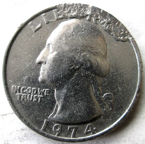 1974-P WASHINGTON CLAD QUARTER, OBVERSE DIE BREAK CUD ERROR, XF, CIRCULATED Cover