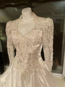 Vtg 80s/90s Bridal Originals Wedding Satin Gown dress Long Sleeve Train - Picture 1 of 15