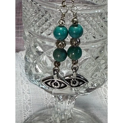Evil Eye Turquoise Bead Dangle Earrings Silver Tone Protection Jewelry boho y2k - Image 1 of 3