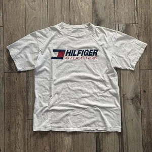 Vintage TOMMY HILFIGER Athletics Spell Out Flag Jersey T Shirt 90s Heather Gray - Picture 1 of 3