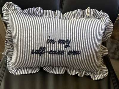 Stylehouse ‘In my self-care era’ navy white stripe Embroidered Pillow NWT - Image 1 of 4