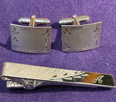 Conjunto de abotoaduras quadradas e clipe de gravata vintage Anson STERLING 925 gravado - Imagem 1 de 4