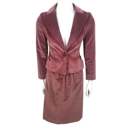 Vintage 70s Velvet Skirt Suit Blazer Set Rose Pink Womens XS Career Dressy - Image 1 of 4