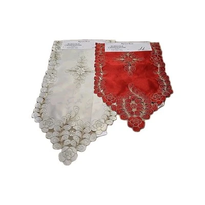 2-Christmas Table Runners  Scarfs Cutwork Gold Embroidered 1-red , 1-ivory  NEW - Image 1 of 4