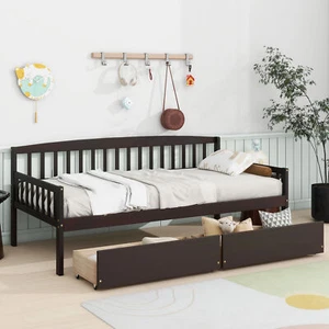 Twin size Bed Frame Pine Wood Daybed with Two Storage Drawers, 10 Support Slats - Picture 1 of 12