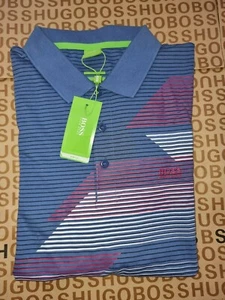 New Hugo Boss Men Blue Paddy Mk Paule Plisy Golf Pro Polo Striped T-Shirt Large - Picture 1 of 9