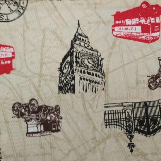 London Scene Red Bus Big Ben Fabric by Nutex 112cm wide Icons Natural