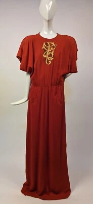 1940’S BURNT ORANGE CREPE LONG DRESS W JEWELED GOLD LEATHER FRONT - AS ACQUIRED - Image 1 of 4