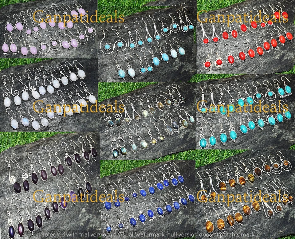 50pcs Turquoise & Mix Gemstone Fashion Earrings Lots 925 Silver Plated Jewelry - Image 1 of 4