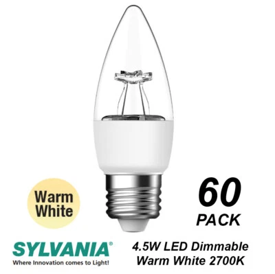 60 x Sylvania DIMMABLE LED 4.5W Clear Candle Light Globes / Bulbs Screw E27 Warm - Image 1 of 2