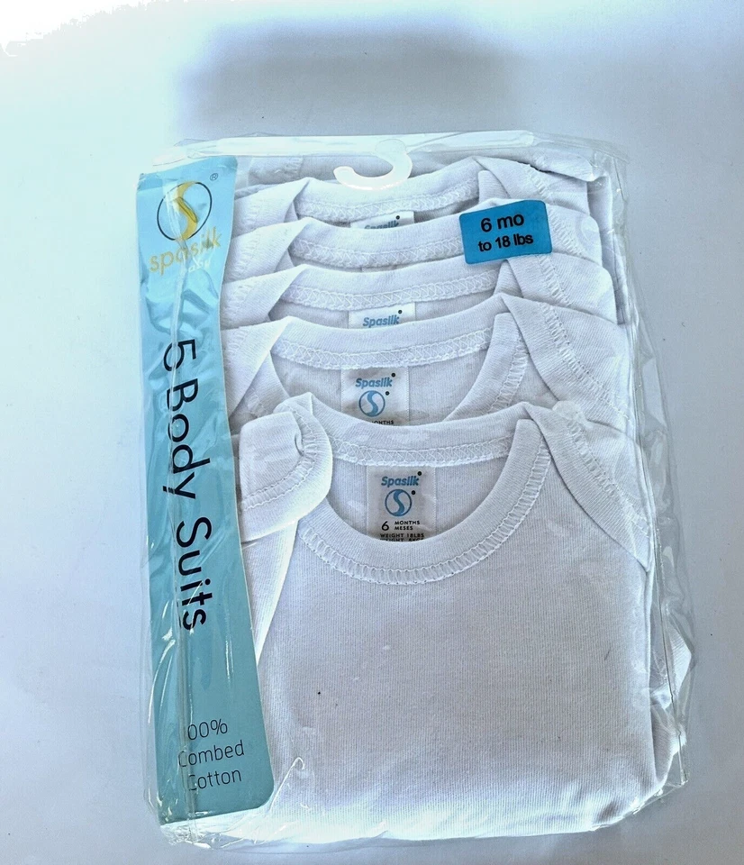 Juego de 5 trajes corporales Spasilk 100 % algodón peinado de 6 meses a 18 libras. Blanco NUEVO Foto 1 de 3