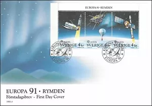 Space System Satellites Europe 91 ESA Sweden Miniature Sheet FDC 1991 - Picture 1 of 2