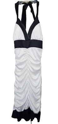 Vestido ceñido al cuerpo acanalado cuello lazado halter blanco tabú con ribete negro talla S años 90 Y2K de colección Foto 1 de 4