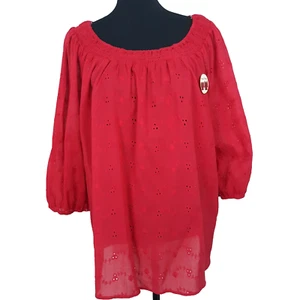 Faded Glory Eyelet Blouse Women's Size XXL Smocked Neckline 3/4 Sleeve Red New - Picture 1 of 9