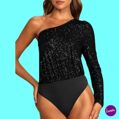FEOYA Women's Sequin Bodysuit, One Shoulder Wrap, Classy in Black, UK Small - Image 1 of 4
