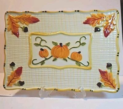 Temptations By Tara Fresh Crop Harvest Pattern Tray Pumpkin Leaves Fall Yellow  - Image 1 of 2