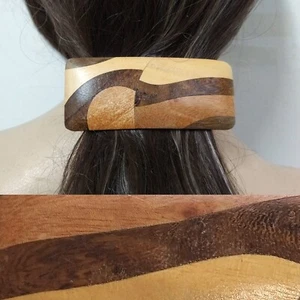 Blonde Brunette Wood Hair Barrette Clasp Vintage 1980s 1990s Boho Hippie Wooden - Picture 1 of 6