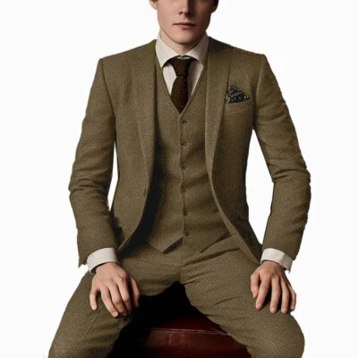 Traje de cuello de muesca de tweed para hombre chaqueta de un solo pecho para hombre para negocios formal Foto 1 de 4